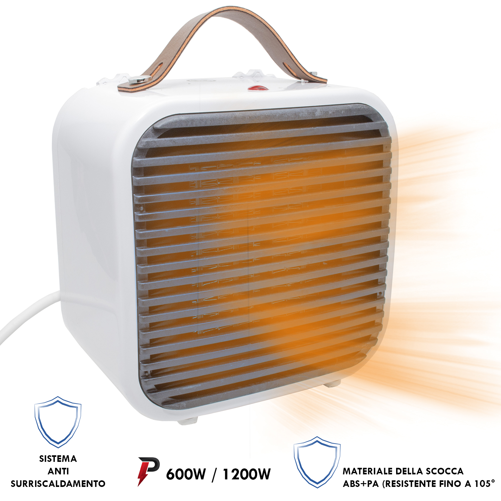 Image of Termoventilatore stufa ventilata stile vintage 1200W basso consumo caldobagno 2 in 1 ventilatore manico pelle 230V