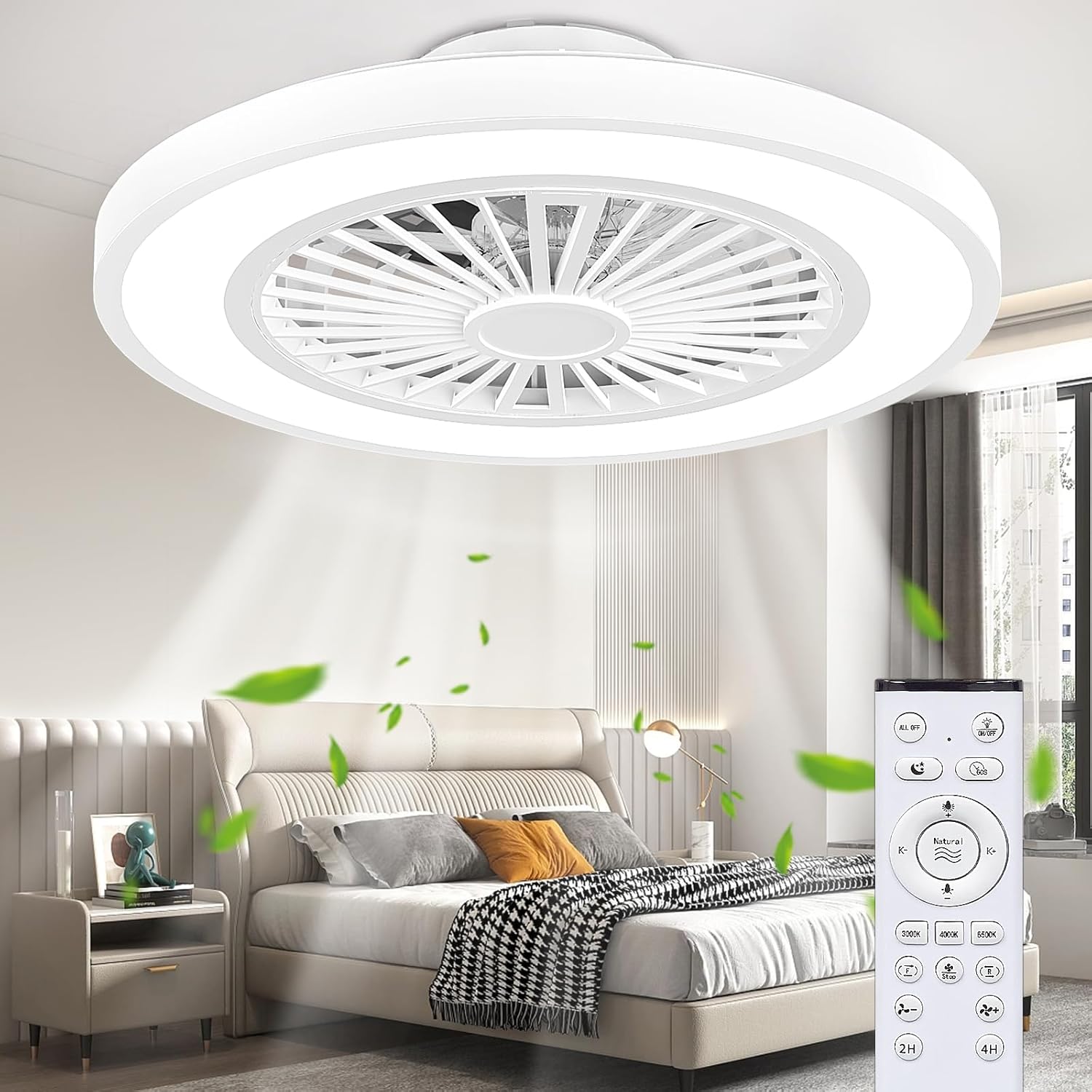 HAMKGG Ventilatore A Soffitto Con Luce LED 45W - Plafoniera Dimmerabile Con Telecomando, 3 Velocità, Silenzioso, A++ - Diametro 50 Cm, Per Soggiorno, Camera Da Letto