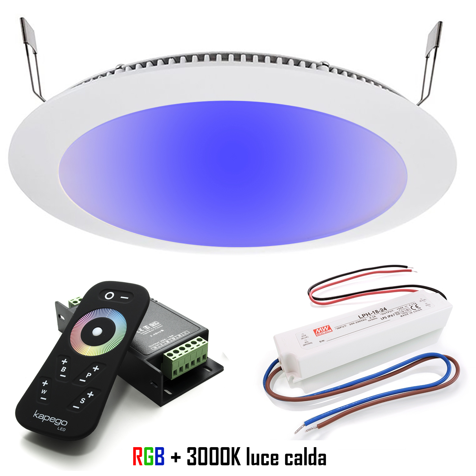 KIt chromotherapy control unit spotlight LED recessed slim 16W 24V RGBW 3000K hole 22 zoomable