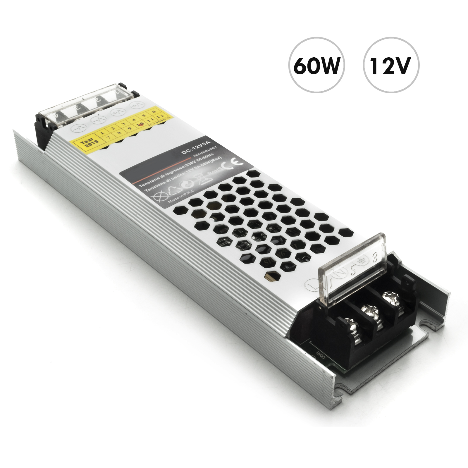 Power supply slim 60W transformer from 230V to 12V 5A strips of LED lights and cameras zoomable