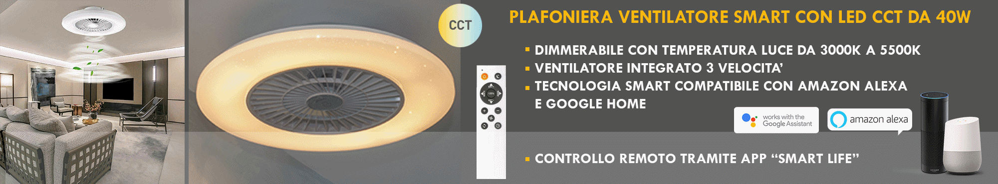 Plafoniera ventilatore SMART LED CCT 40W da 3000K a 5500K luce soffitto moderno controllo vocale Alexa Google APP 230V Plafoniera ventilatore SMART LED CCT 40W da 3000K a 5500K luce soffitto moderno controllo vocale Alexa Google APP 230V