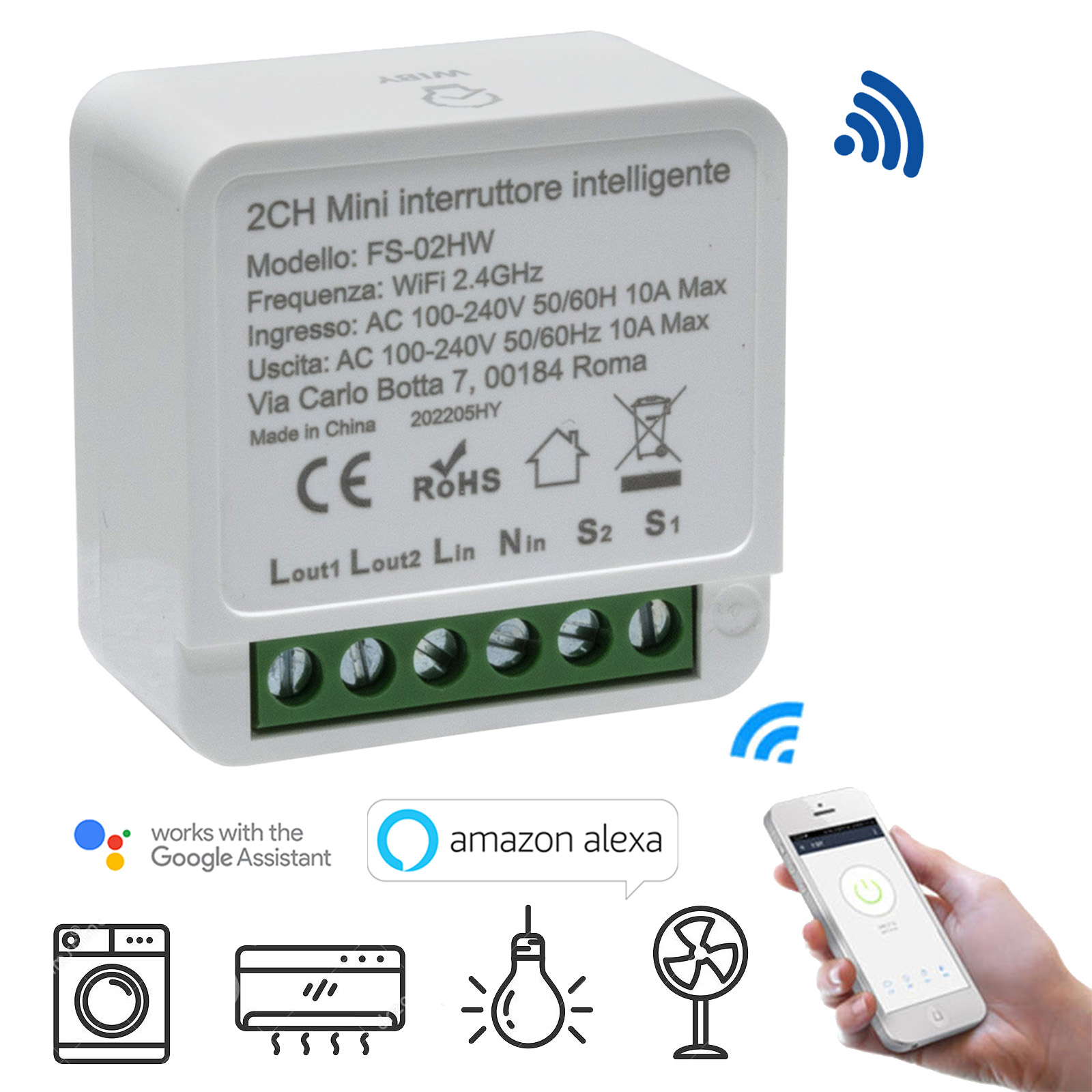 Mini interruttore intelligente ON OFF SMART WiFi 2 CH Google temporizzatore  230V