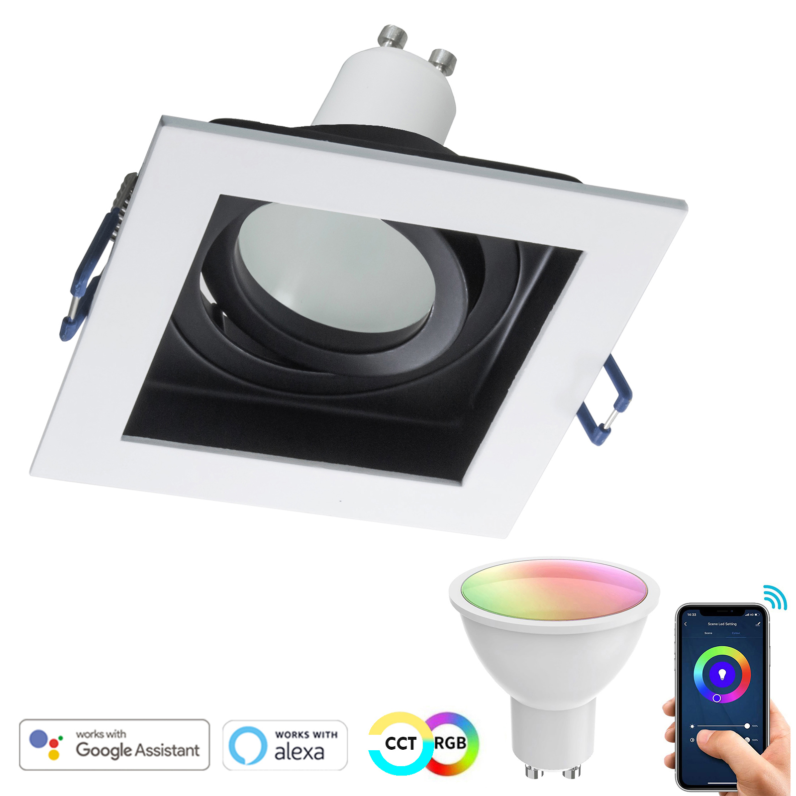 Planetitaly Faretto LED Incasso Quadrato Smart WiFi 5W GU10 RGB+CCT – Controllo Vocale Alexa E Google, Bianco, Foro 9cm